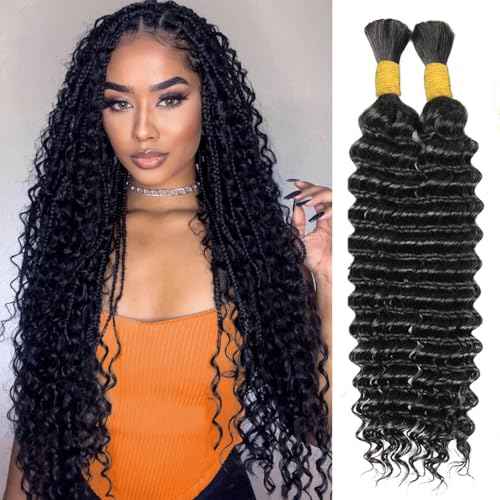 Human Braiding Hair for Boho Braids 2 Bundles 110g 26 Inch Deep Wave Bulk Human Boho Hair for Braiding No Weft Bundle 100% Brazilian Virgin Hair Extensions Curly for Boho Knotless Braids
