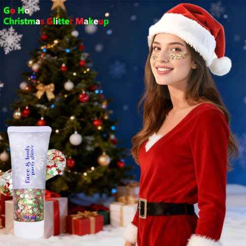Go Ho Christmas Glitter Gel and Bracelets Kit, 6PCS Red White Green Beaded Bracelets with Face Glitter Makeup for Body & Hair, Fun Christmas Gifts for Women and Teens
