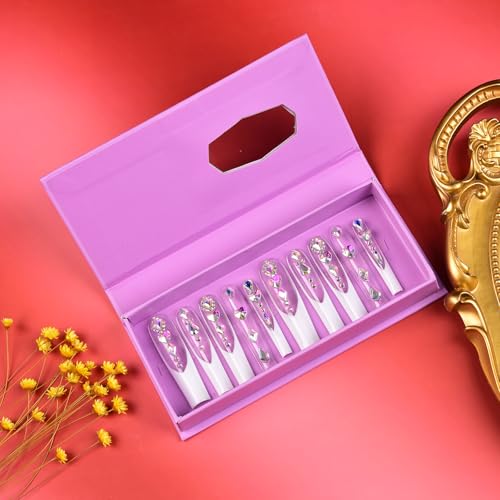 Tmani 10pc/set Extra Long Handmade Press On Nail Hot Girl's Long Ballet Nails Square Nail Full of Diamond Glitter Decoration Fake Nails Suitable For Girls Festival Parties and Birthday Gift (138,M)