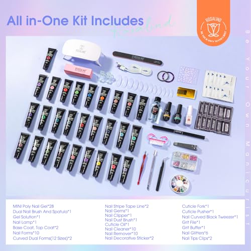 ROSALIND 28 Colors Poly Nail Gel Kit with Mini Lamp Clear Neon Christmas Poly Nail Gel Starter Kit for Beginners Halloween All Seasons Classic Colors with Everything