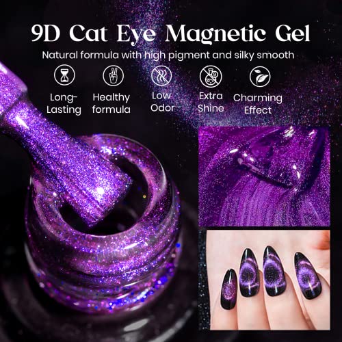 MIZHSE 9D Cat Eye Gel Nail Polish 10ml, Holographic Galaxy Cateye Magnetic Nail Polish Gel, Magic Chameleon Manicure Set(Purple)