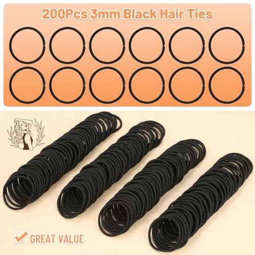 Anezus 200 Pcs Hair Ties for Women Girls Hair Elastics Hair Bands Ponytail Holders Hair Rubber Bands for Thick Straight Curly Hair (Black)