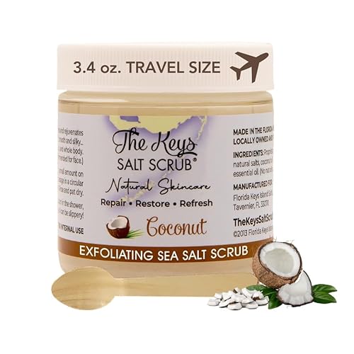 The Keys Salt Scrub -Sea Salt Scrub - Exfoliating Body Scrub with Wooden Spoon - Moisturizing Exfoliator for Hands, Foot, Bath, (3.4 Ounce (Pack of 1), Coconut)