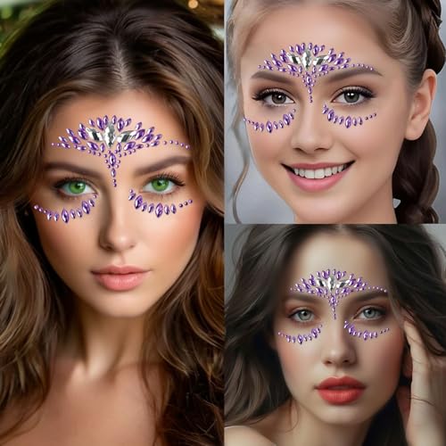 Purple Rhinestone Face Stickers 2-Pack – Waterproof Self-Adhesive Gems