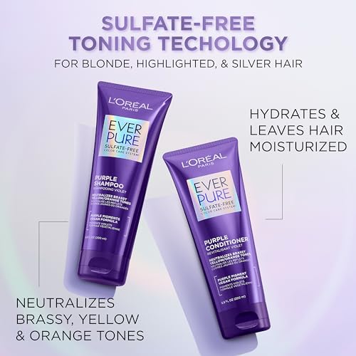 L¡¯Oreal Paris Sulfate Free Brass Toning Purple Conditioner for Blonde, Bleached, Silver, or Brown Highlighted Hair, EverPure, 23 Fl Oz (Packaging May Vary)