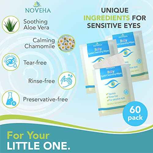 NOVEHA 60PCs Baby Eye Wipes | Safe & Natural Eyelid & Lash Wipes | Non Irritating, Tear Free, Hypoallergenic & Preservative free | Organic Baby Wipes for Sensitive Skin | Soothing and Moisturizing