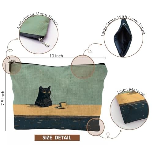 Black Cat Makeup Bag, Cat Cosmetic Bags for Women, Cats Lover Mom Lady Gifts for Women, Vintage Coffee Black Kitten Zipper Makeup Pouch