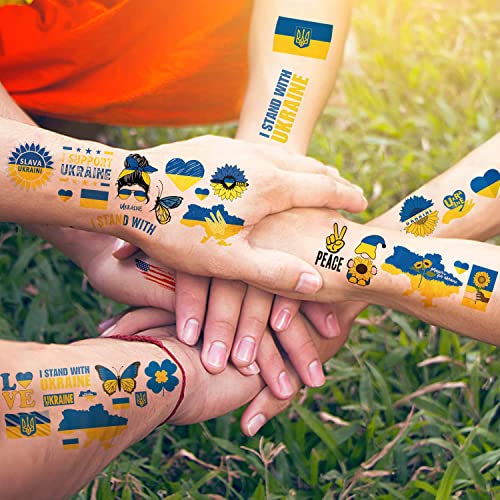WANSENCE Ukraine Temporary Tattoos - 8 Sheets, Patriotic Designs, Blue & Yellow, Not Water Resistant, Adults