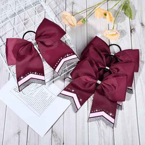 8PCS Glitter Cheer Bow Large Maroon Cheer Bows Rhinestones Hair Bows Girls 8"Cheerleading Bows Bulk Elastic Band Ponytail Holder for Teen Girls College Sports Competition