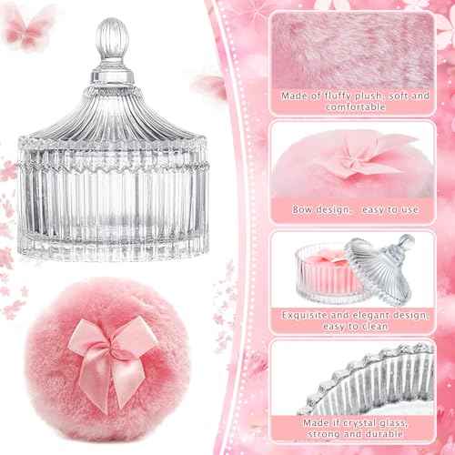3 Pcs Large Body Powder Puff and Container, Powder Container with Puff, Velour Dusting Powder Puff with Crystal Case, Washable Reusable Puff for Women Baby Bath Travel Glitter Wet Dry Makeup