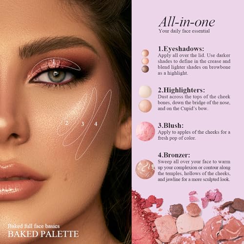 MOOMARTO All-in-One Baked Makeup Palette 3 Eyeshadows, 2 Highlighters, Blush & Bronzer - Travel Friendly 01