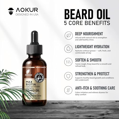 Biotin Beard Growth Oil for Men - Vitamin B5 & Castor Oil Formula, Nourish & Thicken Facial Hair, Daily Beard Care, Styling & Taming, Hydrating, Non-Greasy, Sandalwood 2oz Gift for Him