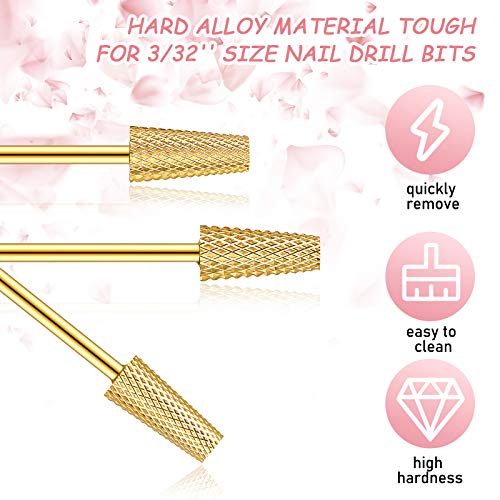 3 Pieces Tapered Barrel Carbide Nail Drill Bit, 3 Sizes Carbide Nail Drill Bit Acrylic Nail File Drill Bit Cuticle Drill Bits, Nail Art Tools for Gel Nails Manicure Pedicure (Gold)