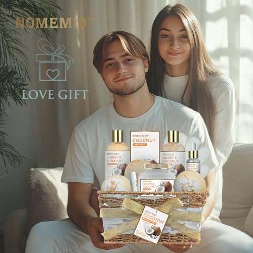 Valentine's Day Gift Baskets, Spa Gift Basket for Women, 11pcs Honey & Coconut Luxury Bath Gift Set, Spa Kit with Shower Gel, Bubble Bath, Bath Bombs , Beauty Gifts for Her, Women, Mom Birthday