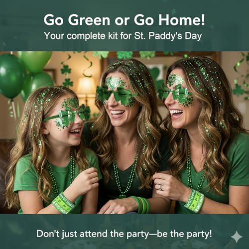 St. Patrick¡¯s Day Party Accessories Outfit for Women- Green Chunky Face Body Hair Glitter, Green Bead Necklaces Bracelets, Shamrock Sunglasses - Irish Saint Paddy Decor Party Favors Supplies