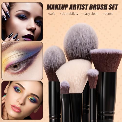 ZAMEL Professional Makeup Brush Set - 15pcs Labeled Black Foundation & Eyeshadow Brushes with Travel Case, Cruelty-Free Premium Synthetic hair Soft Bristles, Ideal for Women & Makeup Lovers