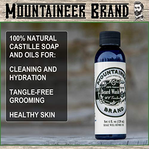 Mountaineer Brand Beard Wash for Men | 100% Natural Beard Shampoo | Thick Cleaning Softening Lather for Hair and Skin | Hydrate and Detangle | Grooming Treatment | WV Timber Scent 4oz