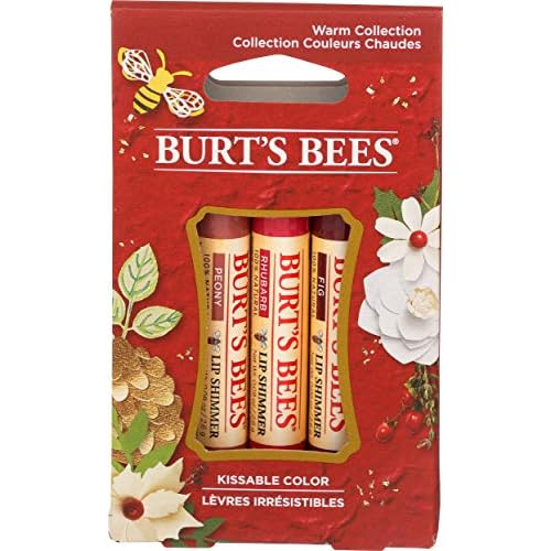 Burt's Bees Kissable Color Holiday Gift Set, 3 Lip Shimmers in Gift Box, Warm Collection in Peony, Fig & Rhubarb