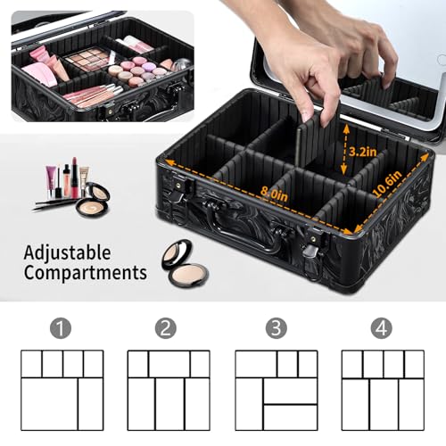 Makeup Case with LED Mirror, Makeup Bag with Lighted Mirror, Travel Cosmetic Train Case Organizer with Adjustable Dividers and Tool Panel for Brushes Fluid-Black