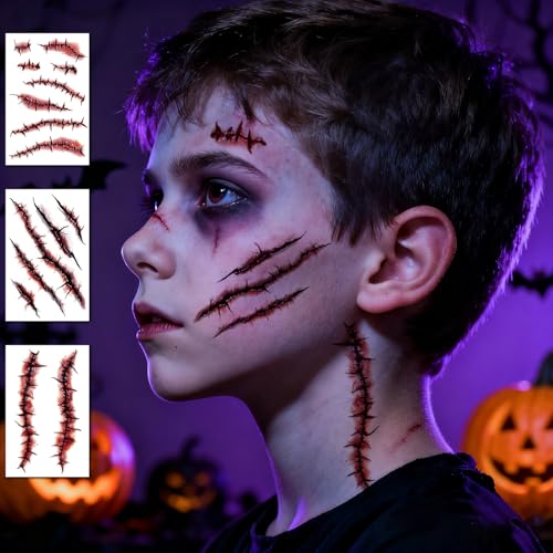 Halloween Temporary Tattoos - 12 Sheets Zombie Fake Scars