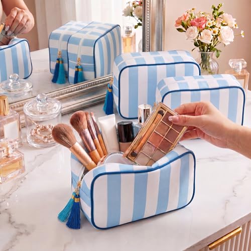 Kacctyen 6-Pack Blue Striped Makeup Bags with Tassel - Travel Toiletry Organizer