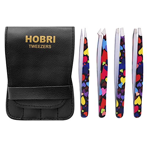 Tweezers Set, Eyebrows Tweezers Set Professional Stainless Steel Tweezers Set - 4 Pieces with Leatherette Travel Case Perfect for Facial Hair, Beauty and Personal Care Tool (Heart Style)