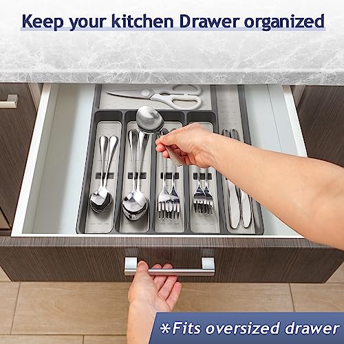 Silverware Organizer with Cutlery Icons，Pink Kitchen Silverware Tray for Drawer，Plastic Flatware Tableware Silverware Drawer Organizer Utensil Organizer with Non-slip TPR Linings，5-Compartment