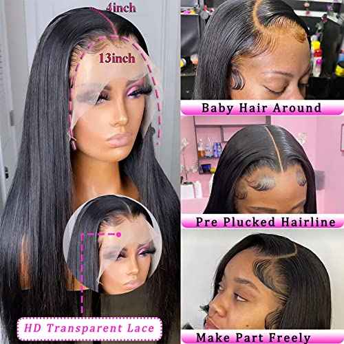 Straight Lace Front Wigs Human Hair 13x4 HD Transparent Lace Frontal Wig for Black Women Glueless Brazilian Virgin Hair 180% Density Pre Plucked with Baby Hair Hairline