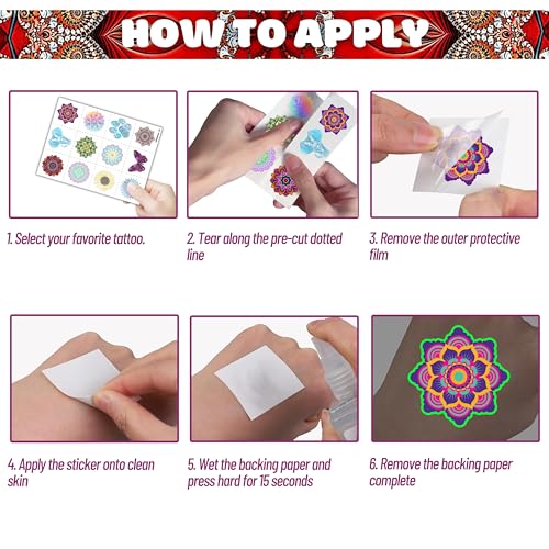 Glow in the Dark Mandala Temporary Tattoos, 96 Pcs