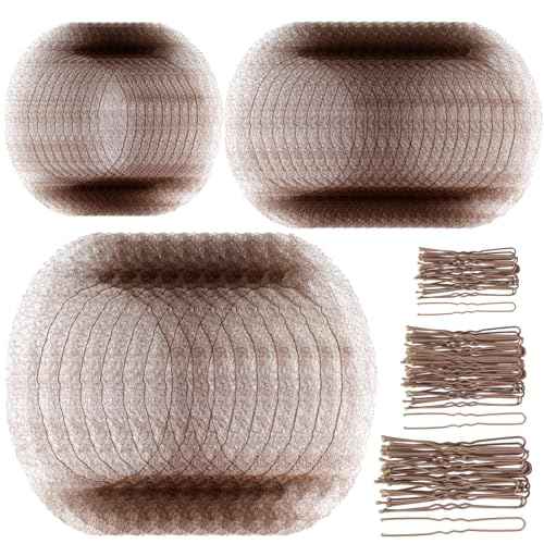 Teenitor Hair Nets For Buns, 3 Sizes Hair Bun Nets For Ballet Girls(12, 20, 28 Inch), 80pcs U Shape Bobby Pins and 40pcs Hairnets For Dance Buns Maker, Tan Brown