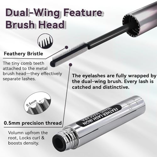 Feather Lash Iron Wand Mascara, Dual-Wing Brush Metal Mascara 2-in-1 Primer, Topcoat, 3D Curling Natural Length & Volume Mascara No Clumps Long Lasting Smudge-Proof