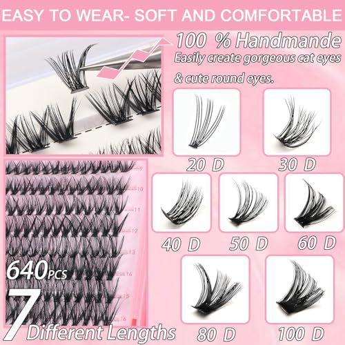 Manga Lash Clusters, 640 Pcs Eyelashes Clusters Extensions 9-16mm Individual Lashes D Curl Fluffy Wispy False Eyelashes Thin Band (60D&80D)