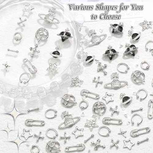 BELICEY 190PCS 3D Nail Charms - Silver Star Cross Planet Rivet Punk Cone Jewels for Acrylic Nails