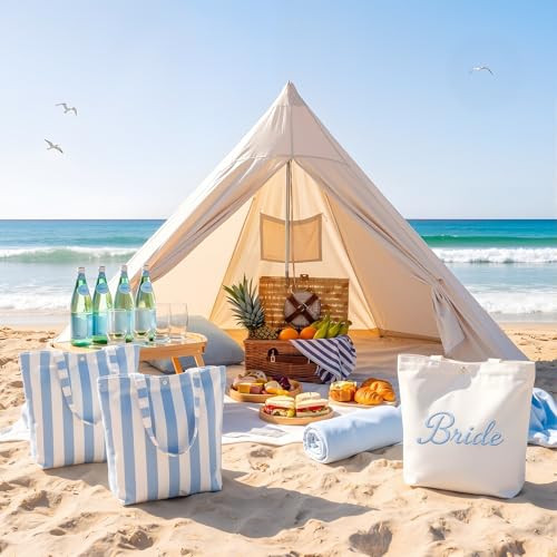 Blue Striped Canvas Tote Bag for Beach and Parties