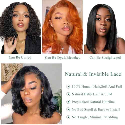 Douyin Bob Wig Human Hair 13x4 Frontal Lace Wig Body Wave HD Lace Front Wigs Human Hair Pre Plucked Glueless Bob Wigs for Women (16 inch, Natural Black)