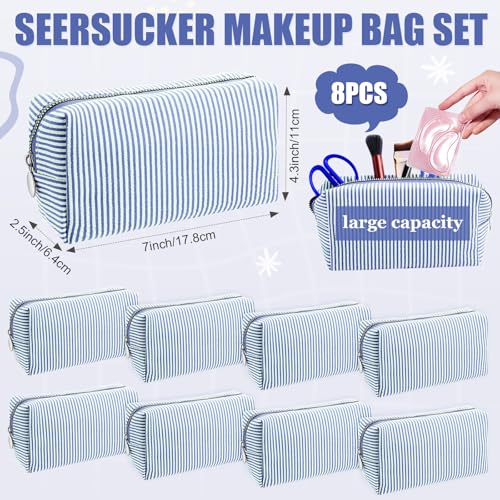 Giesiery Navy Blue Small Seersucker Cosmetic Bags Set of 8 - Travel & Makeup Pouches