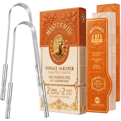 MasterMedi Stainless Steel Tongue Scraper 2 Pack with Travel Cases