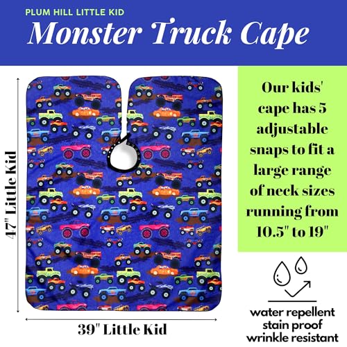 Kids Barber Cape for Haircut at Home or Salon - Adjustable Neck with Snaps, Monster Truck Design