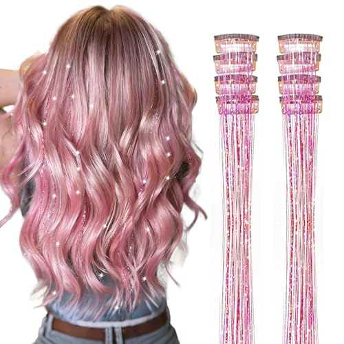 Hersun Pink Hair Tinsel Kit - 8 Clip-In Strands, 20in