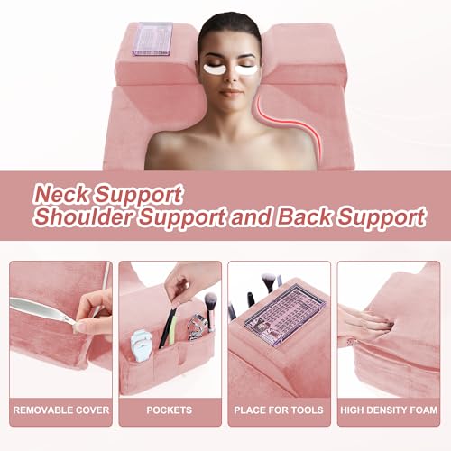 BALAPET Lash Pillows for Eyelash Extensions Ergonomic and Comfortable Velvet Foam Eyelash Pillow for Neck and Back Support Pillow Side Pockets can be Placed Tools,Easy to Graft Eyelashes(Pink)