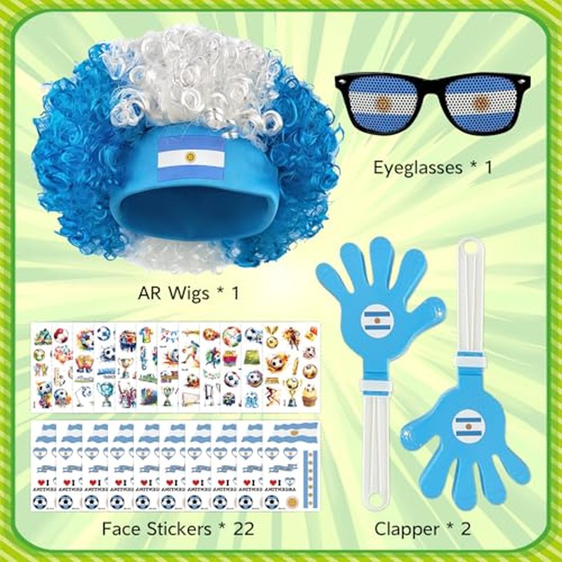 Argentina Soccer Cheer Set with Wig, Glasses, Clappers & Stickers