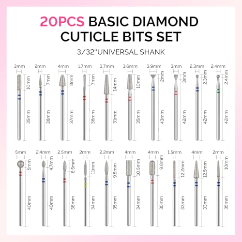 MelodySusie 20Pc Nail Drill Bits Set 3/32" Diamond Cuticle