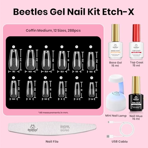 Beetles Coffin Medium Nail Tips D-288pcs for Gel Nail Kit with Mini Nail Lamp