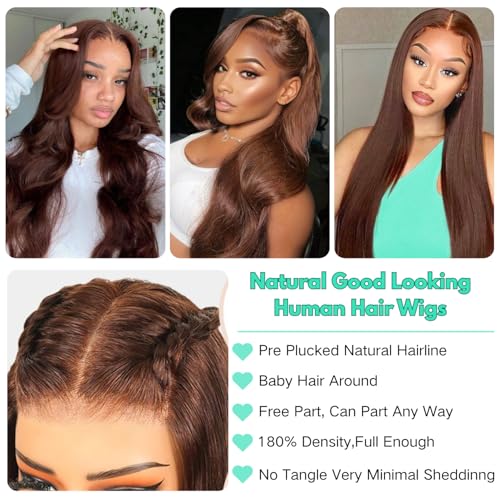 GZX 20 Inch Chocolate Brown Lace Front Wig - 13x6 HD Human Hair