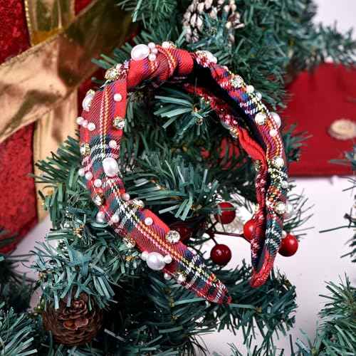 2Pcs Fashion Red Plaid Headbands for Women Pearl Rhinestone Beaded Top Knotted Hairbands Wide Hair Hoop Holiday Festival Hair Accessories Set