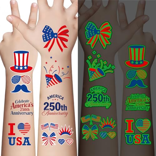 4th of July Glow Tattoos 106 PCS, Patriotic Temporary Tattoos