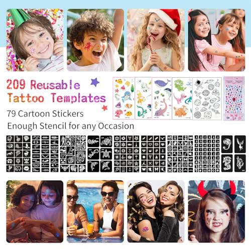 Temporary Glitter Tattoo Kit for Kids & Adults, LCDGTJ 42 Glitter & 6 Fluorescent Color, 209 Stencils, 4 Glue, 5 Brushes, 1 Diamond Sticker, Safe & Easy Removal Face Body Art Birthday Party Supplies