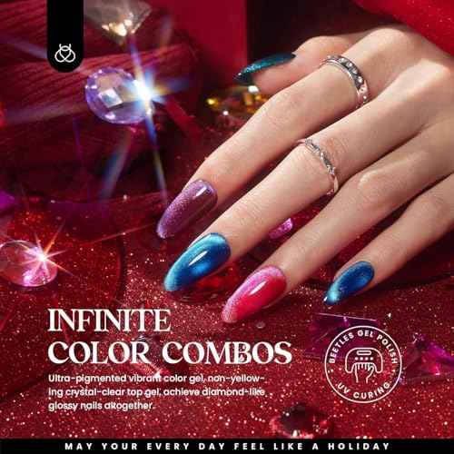 Beetles Winter Gel Nail Polish 20 Winter Colors Cat Eye Gel Polish Set Gift Spree Burgundy Red Purple with Magnet Pen Base Top Coat DIY Salon Manicured Soak Off UV LED Gifts for Women Gemstone Party