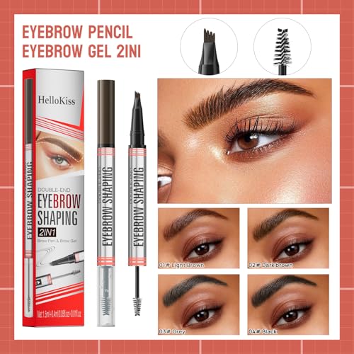 9705 2in1 Hilibrand 4-Pronged Dual-Ended Eyebrow Pencil&Eyebrow Gel, 4-Pronged Ultra-Fine Realistic Eyebrow Pencil End, Eyebrow Setting Wax End, Waterproof, Sweatproof, Long-Lasting (2#Dark Brown)