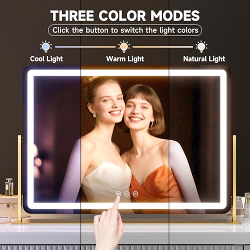 Hasipu Vanity Mirror with Lights 24" x18¡± -Makeup Mirror with Lights and 5X Magnification, Phone Holder, USB Charging & Smart Touch 3-Color Lighting (Gold)